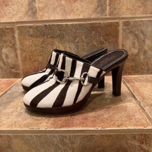 Coach Brown Zebra Calf-hair Mule Heels/Clogs with Silver Buckle